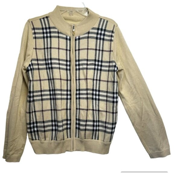 BALENCIAGA Nova Check Zip Cardigan Knit Jacket Sweater Logo Neutral Tan Wool S - Picture 2 of 16